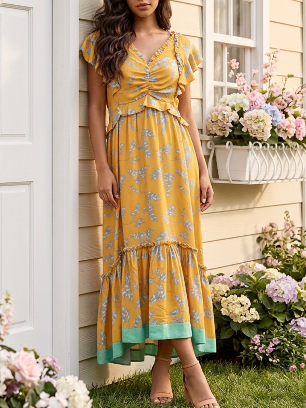 Three Floor Yellow Floral Maxi Dress with Mint Contrast Hem